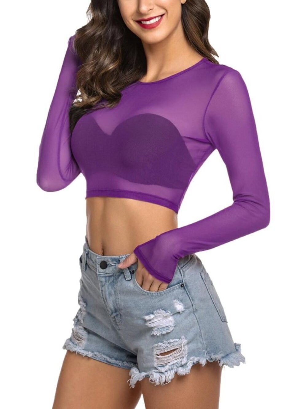 Women's Purple Sexy Crop Top Mesh Long Sleeve See Through Clubwear Sheer